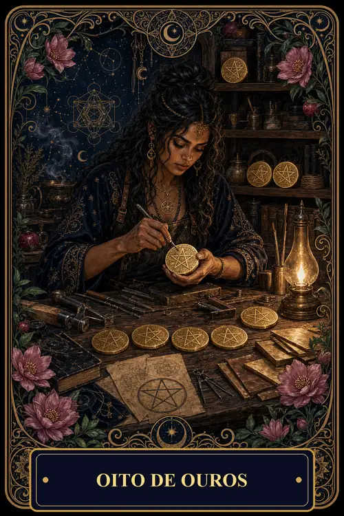 Eight of Pentacles card from the Bruxa's Deck