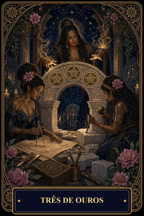 Three of Pentacles card from the Bruxa's Deck