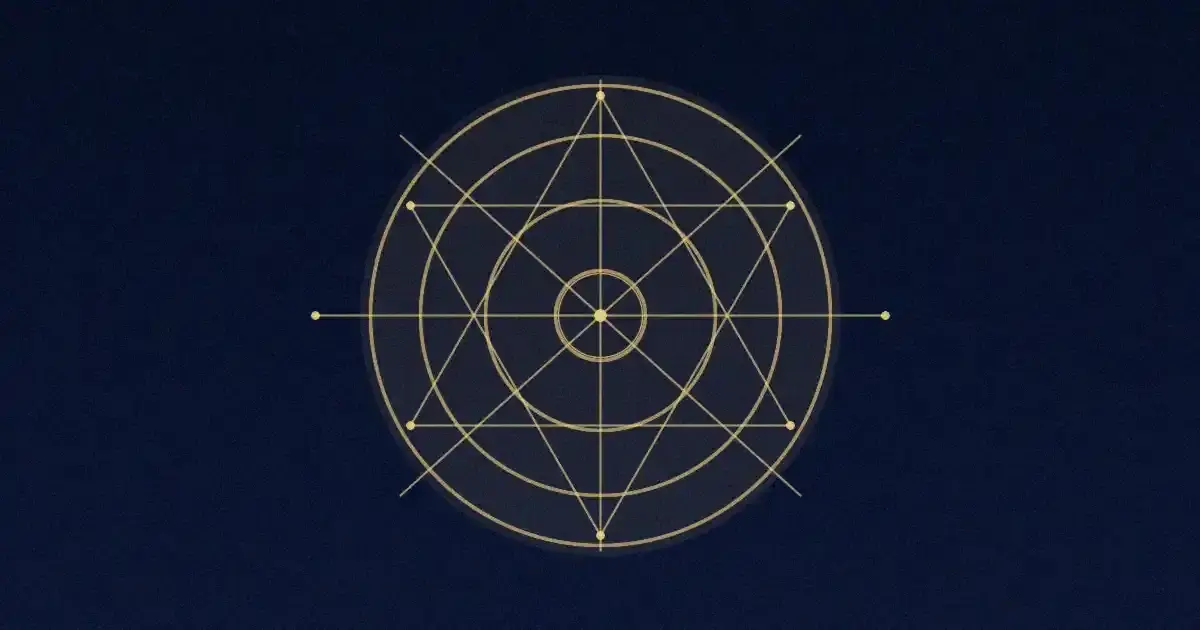 Abstract golden yantra under a deep blue sky with stars, moon and celestial glow, no text